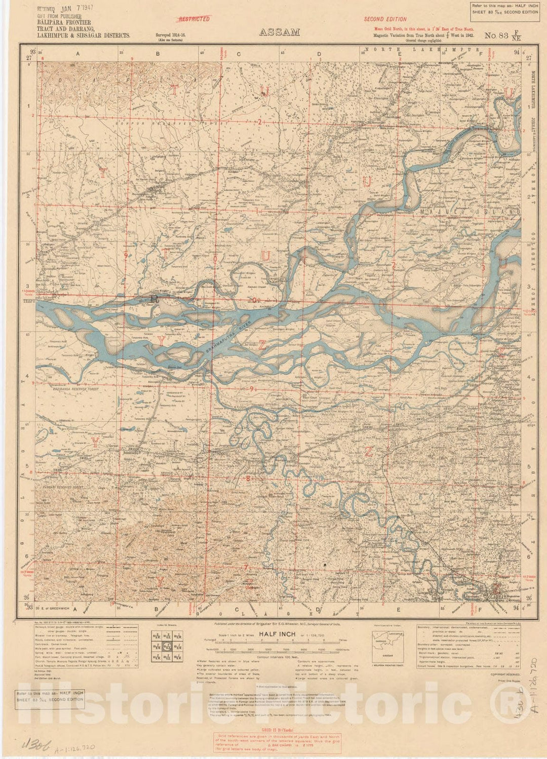 Map : Balipara Frontier Tract and Darrang, Lakhimpur & Sibsagar District, Assam, No. 83 F/N.E. 1945, India and adjacent countries, Antique Vintage Reproduction