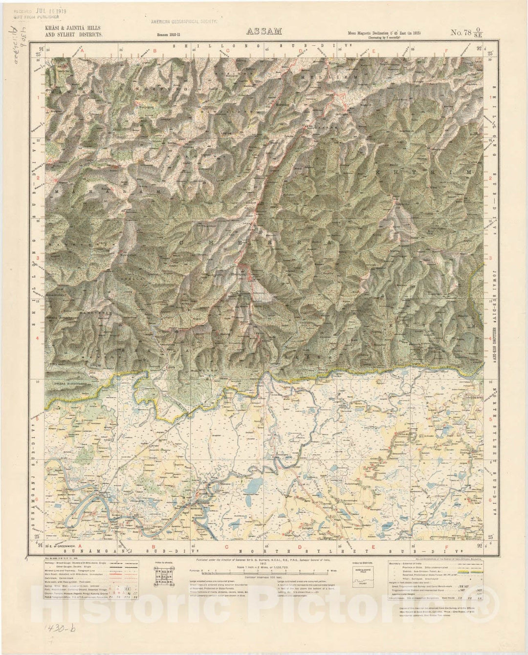 Map : Khasi & Jaintia Hills and Sylhet Districts, Assam, No. 78 O/S.E. 1917, India and adjacent countries, Antique Vintage Reproduction