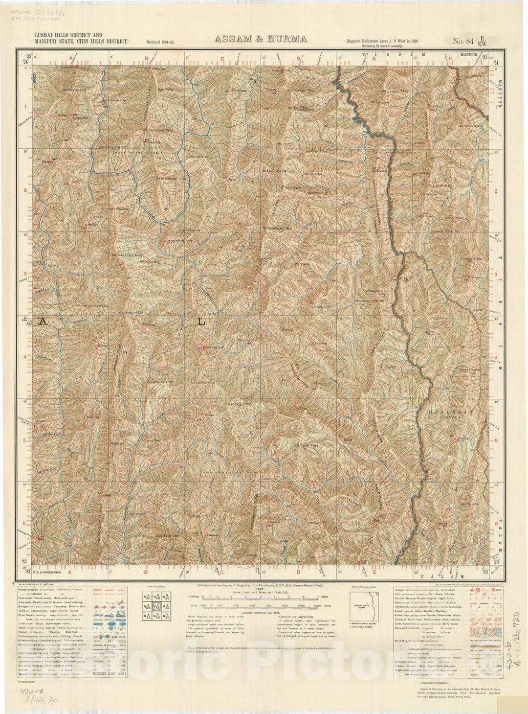 Map : Lushai Hills District and Manipur State, Chin Hills District, Assam & Burma, No. 84 E/N.W. 1936, India and adjacent countries, Antique Vintage Reproduction