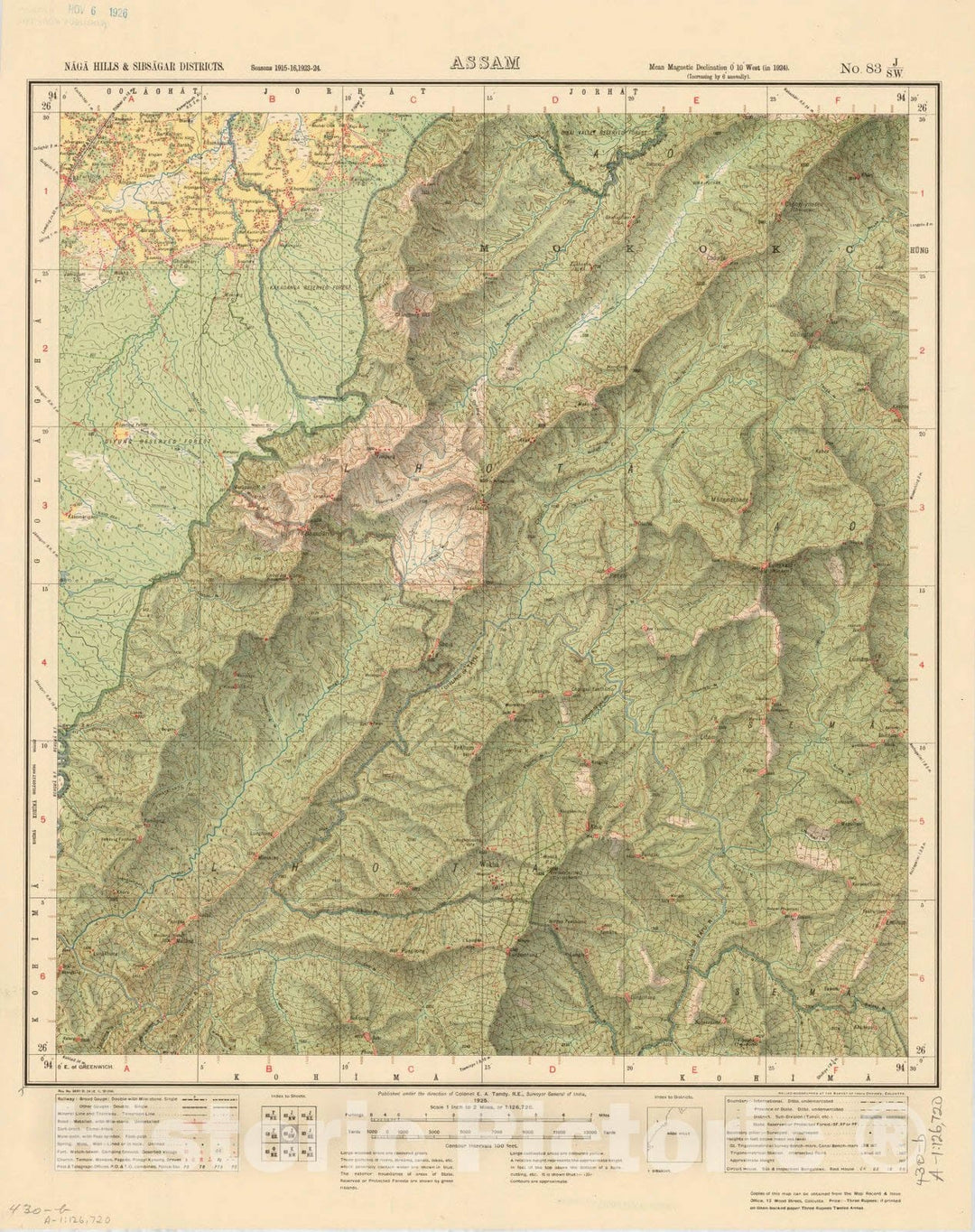 Map : Naga Hills & Sibsagar Districts, Assam, No. 83 J/S.W. 1925, India and adjacent countries, Antique Vintage Reproduction