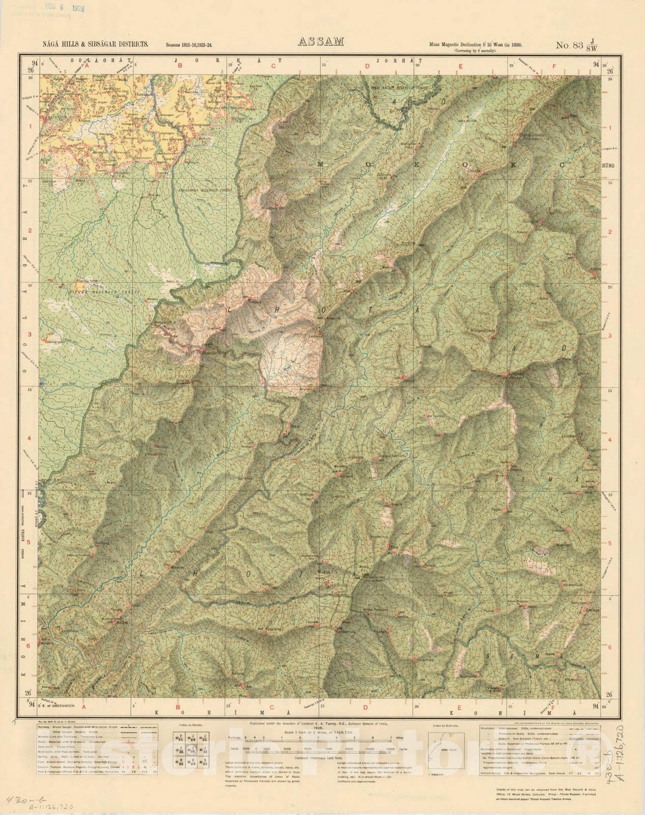 Map : Naga Hills & Sibsagar Districts, Assam, No. 83 J/S.W. 1925, India and adjacent countries, Antique Vintage Reproduction