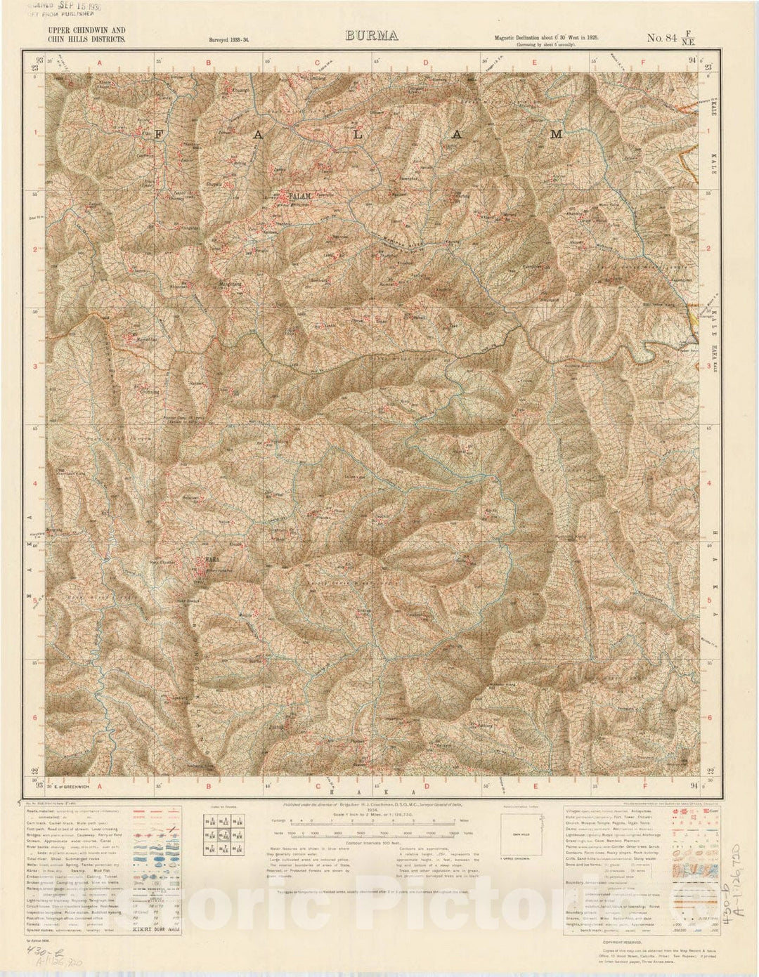 Map : Upper Chindwin and Chin Hills Districts, Burma, No. 84 F/N.E. 1934, India and adjacent countries, Antique Vintage Reproduction