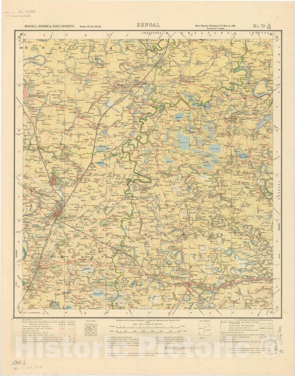 Map : Hooghly, Jessore & Nadia Districts, Bengal, No. 79 A/S.E. 1924, India and adjacent countries, Antique Vintage Reproduction