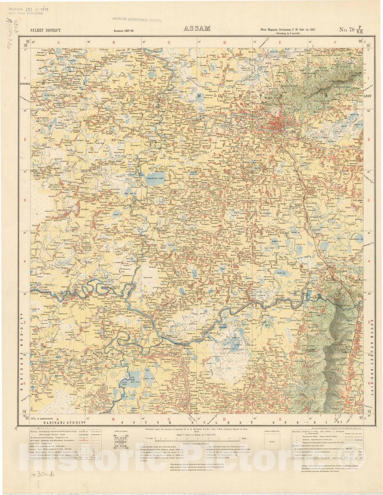 Map : Sylhet District, Assam, No. 78 P/N.E. 1917, India and adjacent countries, Antique Vintage Reproduction