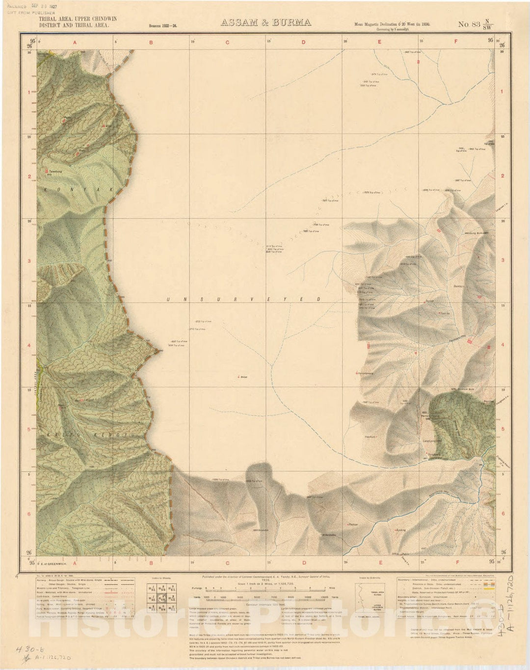 Map : Tribal area, Upper Chindwin District and Tribal area, Assam & Burma, No. 83 N/S.W. 1926, India and adjacent countries, Antique Vintage Reproduction