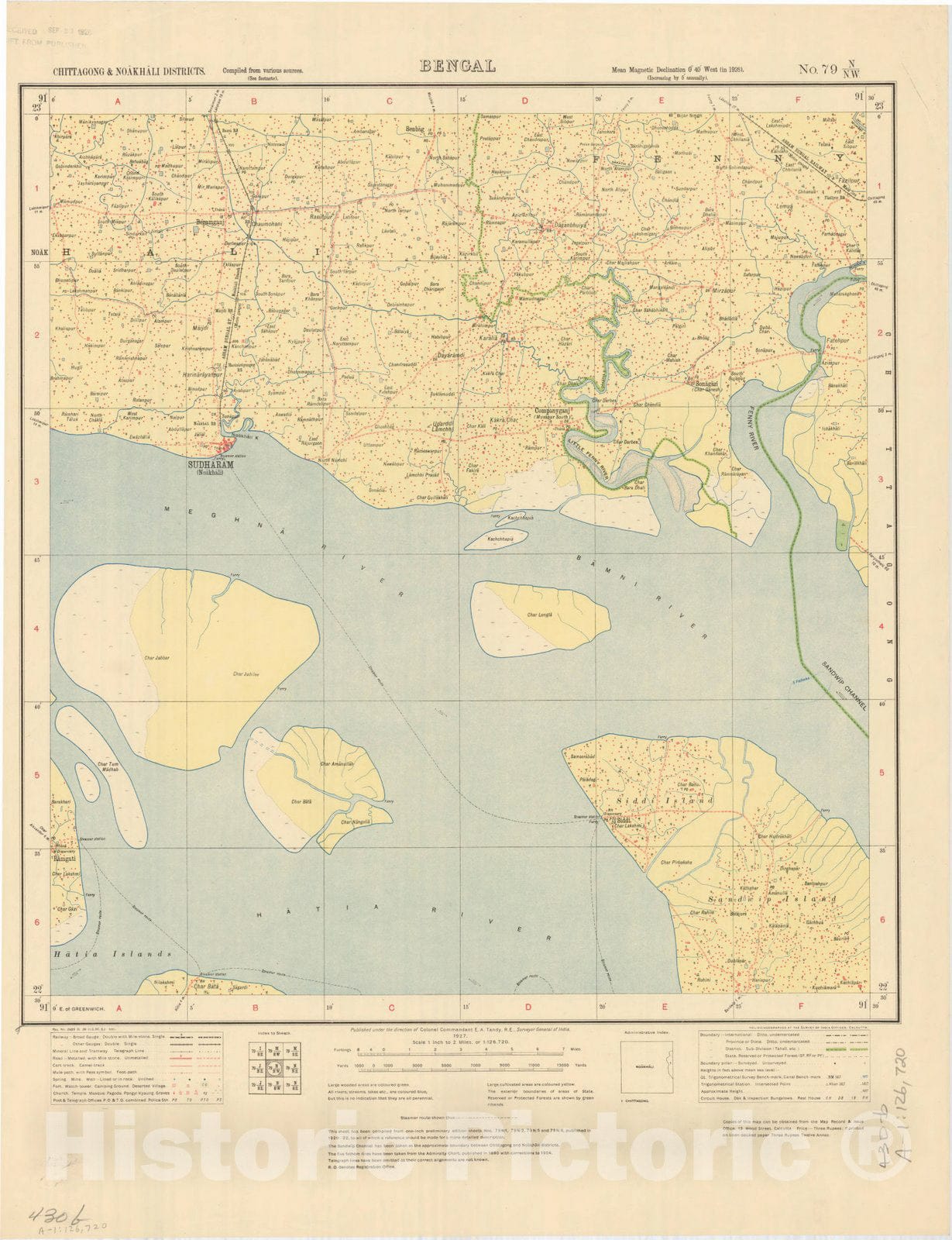 Map : Chittagong & Noakhali Districts, Bengal, No. 79 N/N.W. 1927, India and adjacent countries, Antique Vintage Reproduction