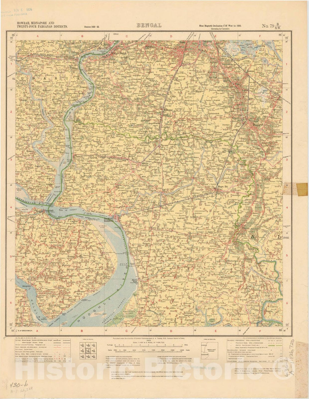 Map : Howrah, Midnapore and Twenty-Four Parganas Districts, Bengal, No. 79 B/S.W. 1925, India and adjacent countries, Antique Vintage Reproduction