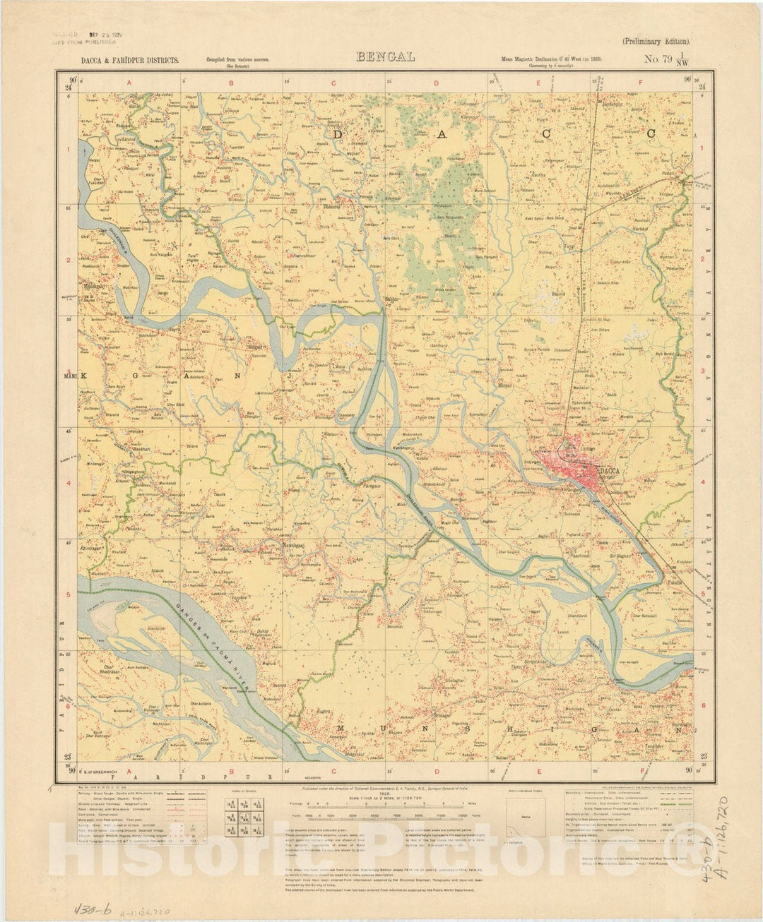 Map : Dacca & Faridpur Districts, Bengal, No. 79 I/N.W. 1928, India and adjacent countries, Antique Vintage Reproduction