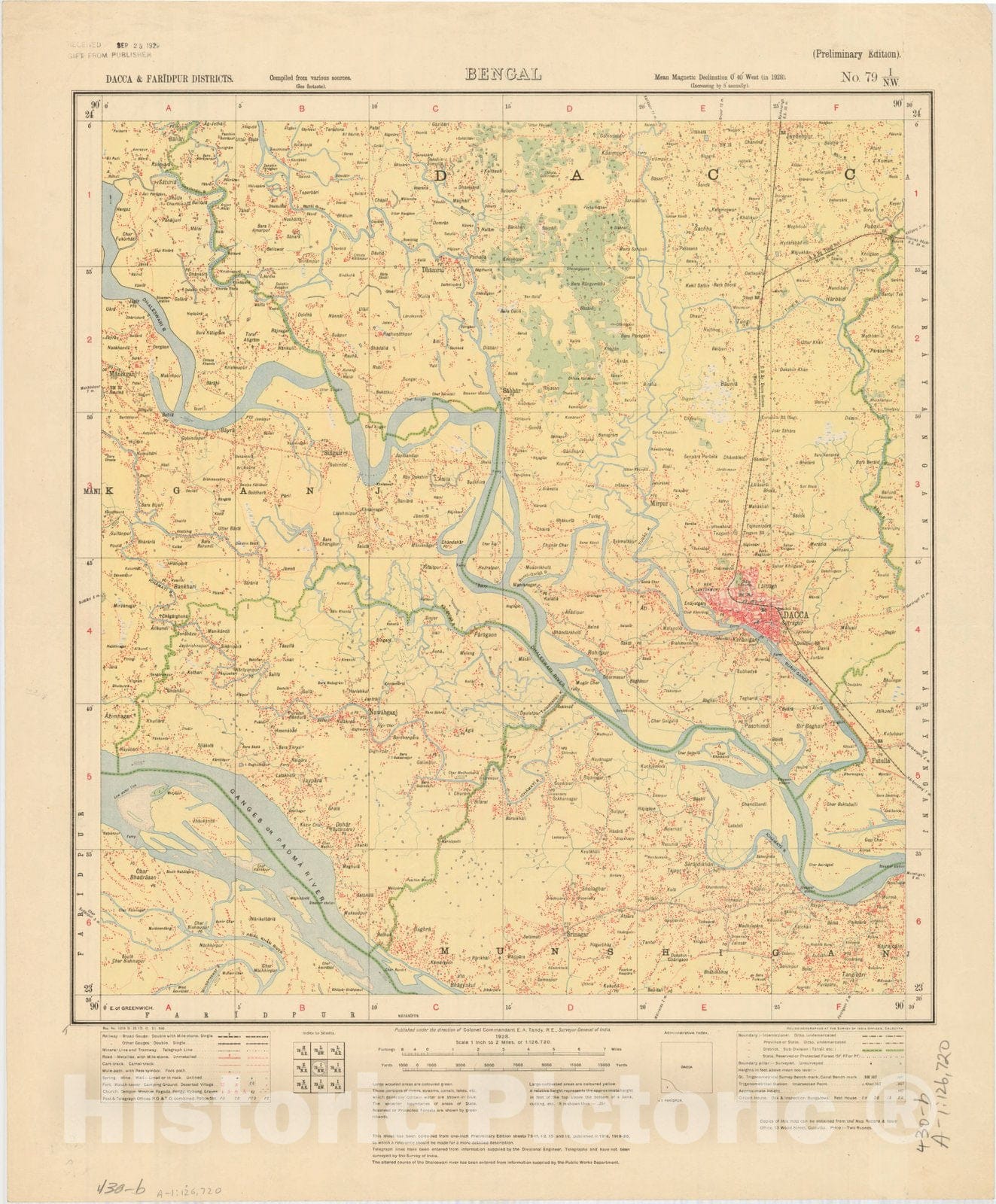 Map : Dacca & Faridpur Districts, Bengal, No. 79 I/N.W. 1928, India and adjacent countries, Antique Vintage Reproduction