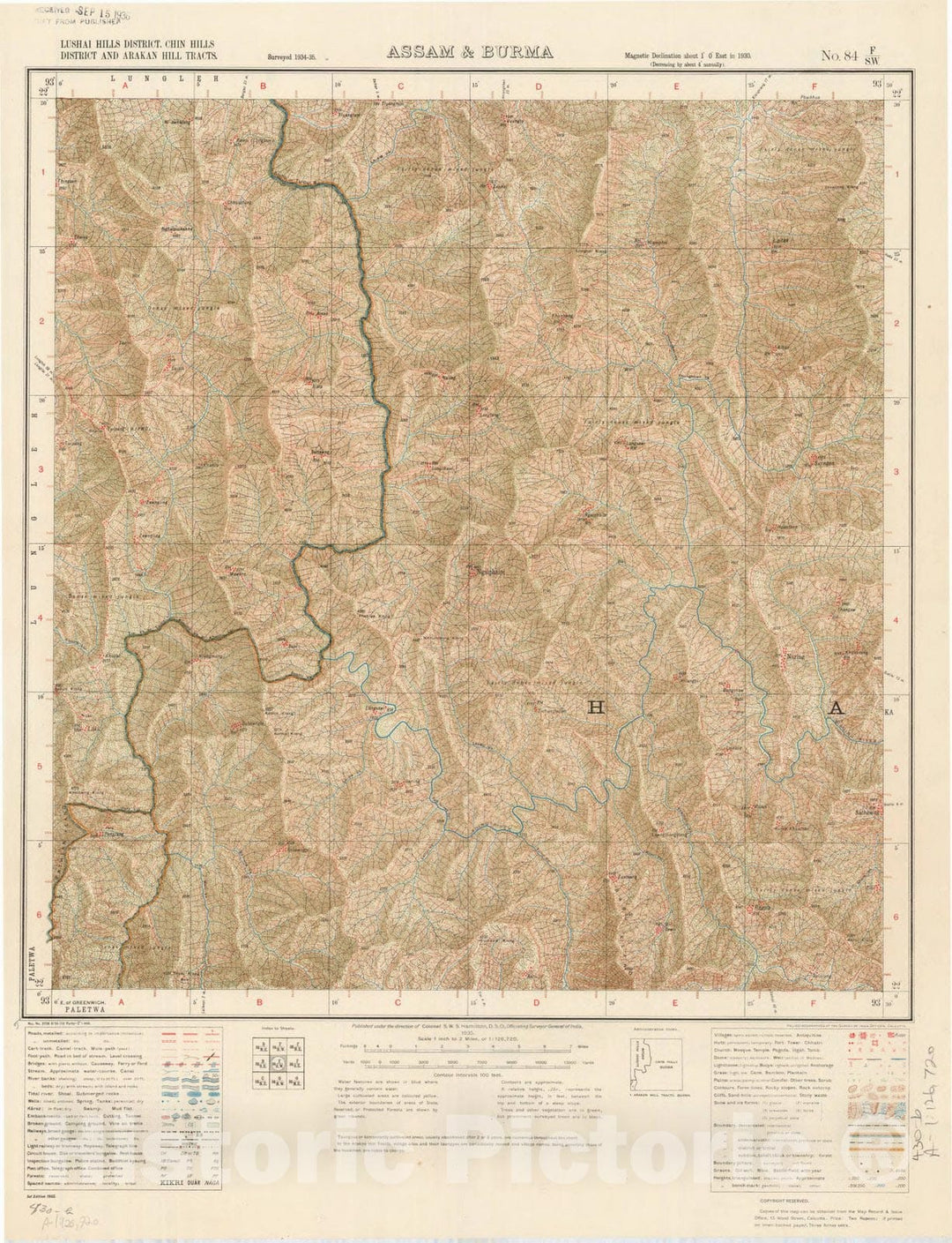 Map : Lushai Hills District, Chin Hills District and Arakan Hill Tracts, Assam & Burma, No. 84 F/S.W. 1935, India and adjacent countries, Antique Vintage Reproduction