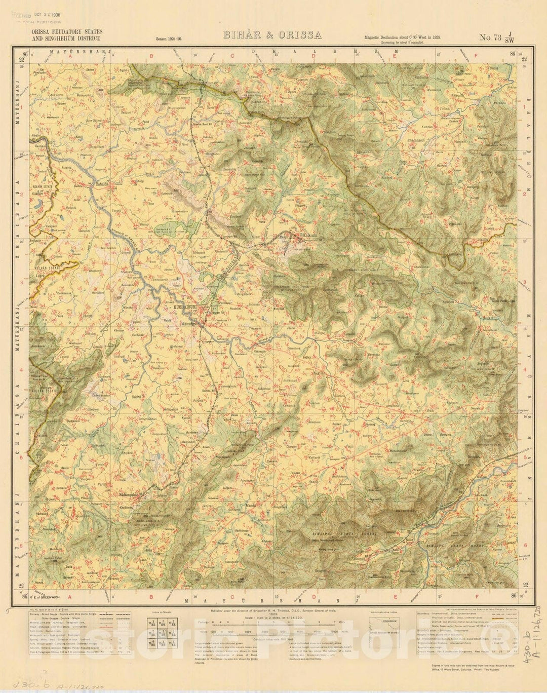 Map : Orissa Feudatory States and Singhbhum District, Bihar & Orissa, No. 73 J/S.W. 1929, India and adjacent countries, Antique Vintage Reproduction