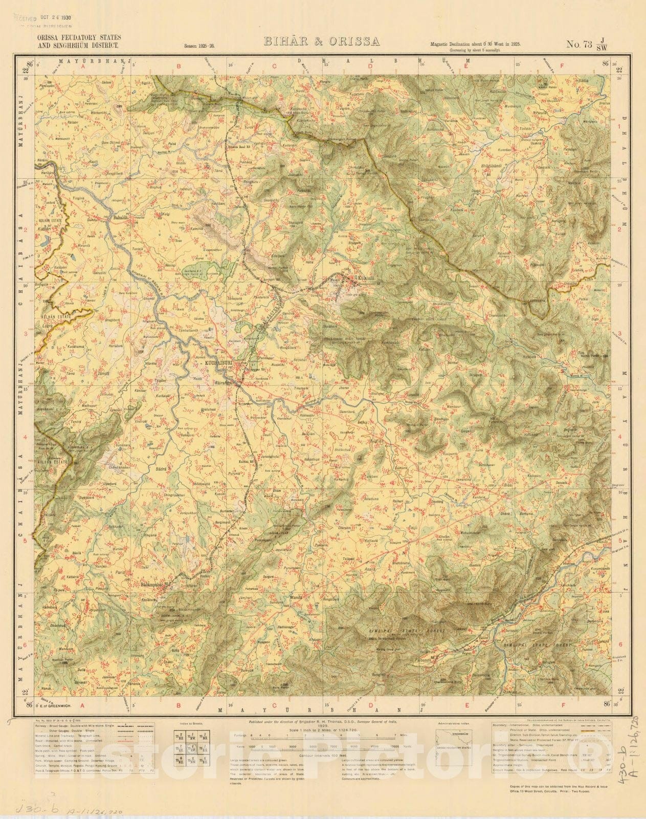 Map : Orissa Feudatory States and Singhbhum District, Bihar & Orissa, No. 73 J/S.W. 1929, India and adjacent countries, Antique Vintage Reproduction