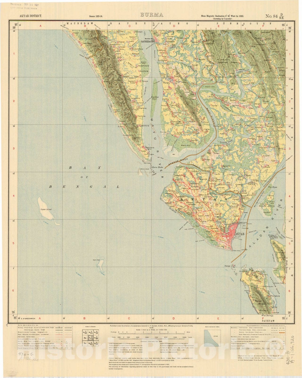 Map : Akyab District, Burma, No. 84 D/S.E. 1926, India and adjacent countries, Antique Vintage Reproduction