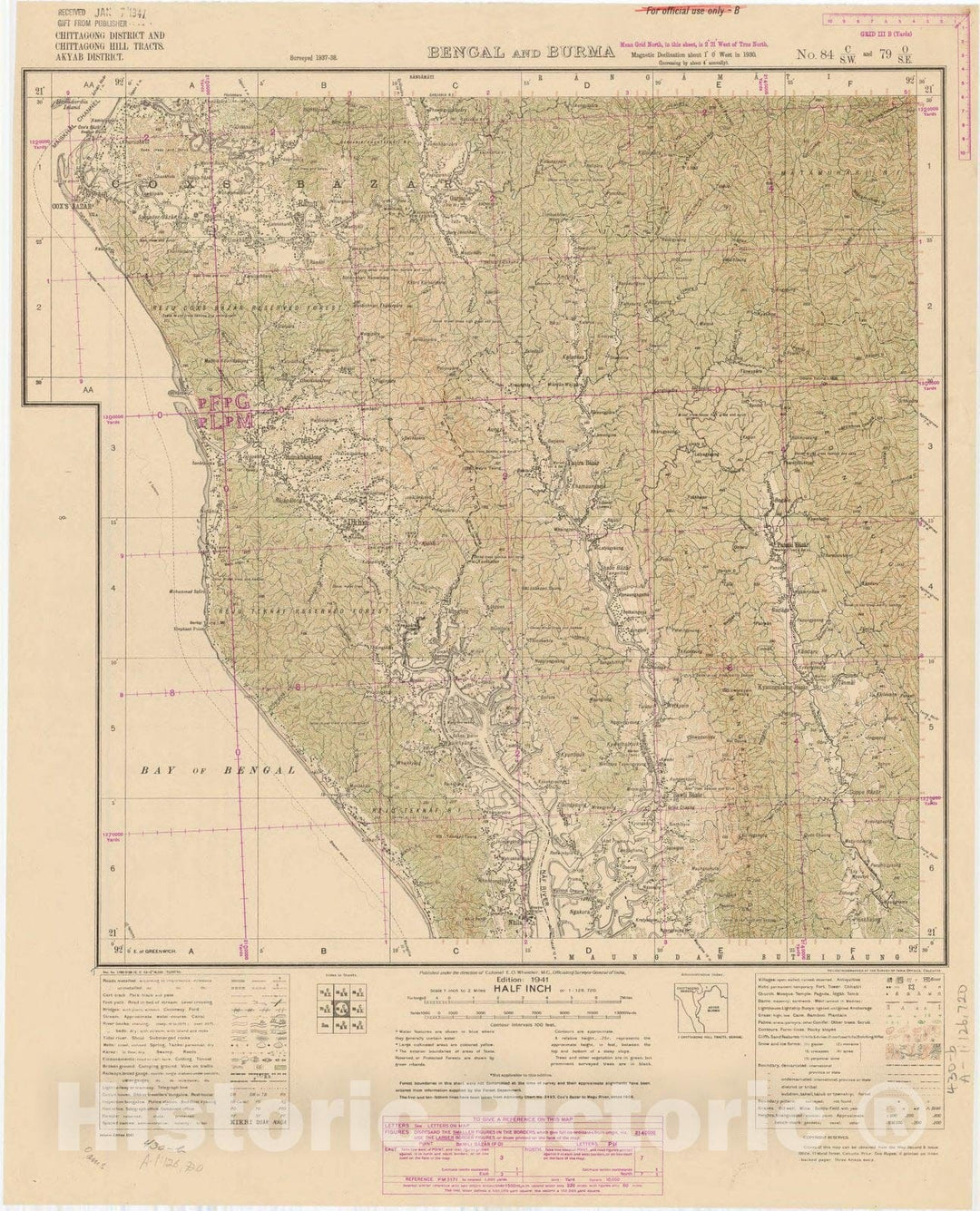 Map : Chittagong District and Chittagong Hill Tracts, Akyab District, Bengal and Burma No. 84 C/S.W. and 79 O/S.E. 1941, India and adjacent countries