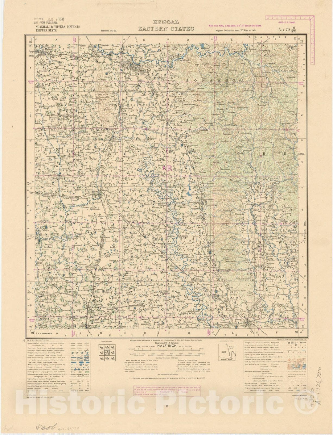 Map : Noakhali & Tippera Districts, Tripura State, Bengal eastern states, No. 79 M/S.W. 1944, India and adjacent countries, Antique Vintage Reproduction