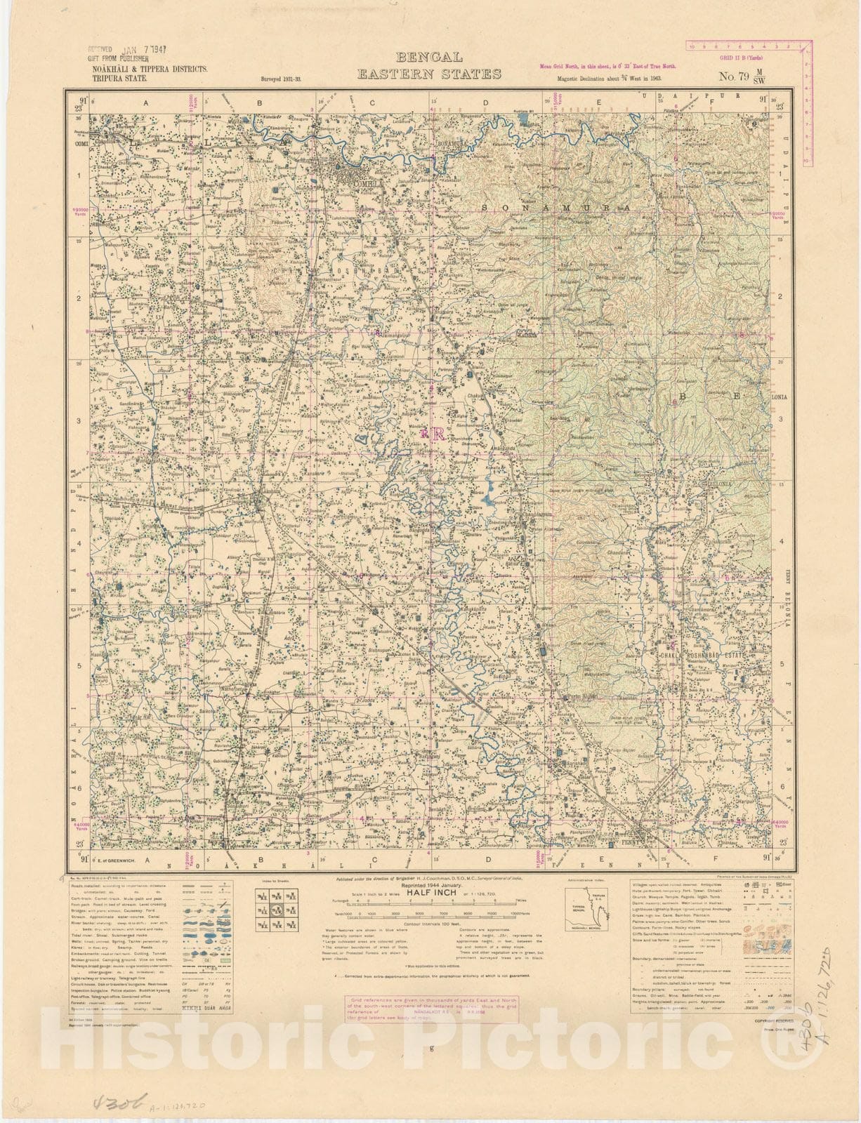 Map : Noakhali & Tippera Districts, Tripura State, Bengal eastern states, No. 79 M/S.W. 1944, India and adjacent countries, Antique Vintage Reproduction