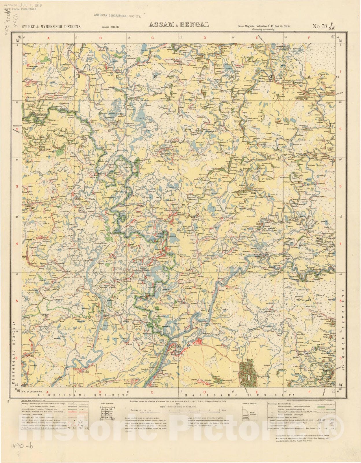 Map : Sylhet & Mymensingh Districts, Assam & Bengal, No. 78 P/N.W. 1917, India and adjacent countries, Antique Vintage Reproduction