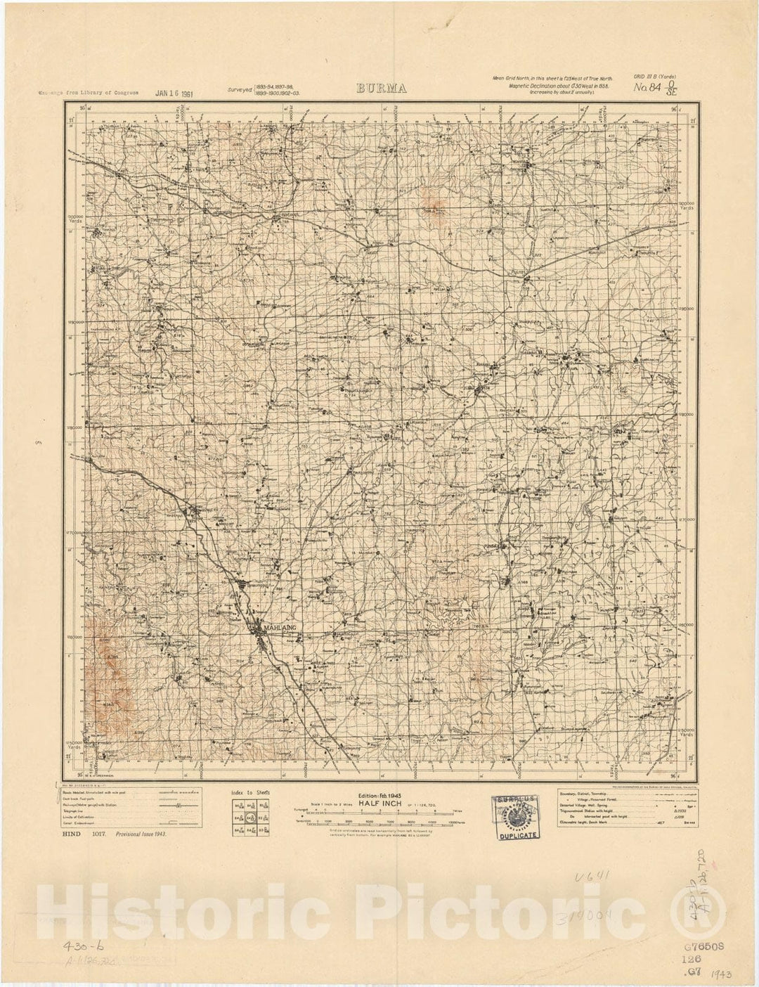 Map : Burma, No. 84 O/S.E. 1943, India and adjacent countries, Antique Vintage Reproduction