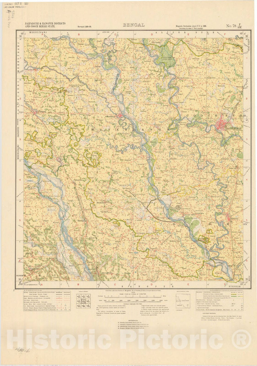 Map : Jalpaiguri & Rangpur Districts and Cooch Behar State, Bengal, No. 78 F/S.W. 1926, India and adjacent countries, Antique Vintage Reproduction