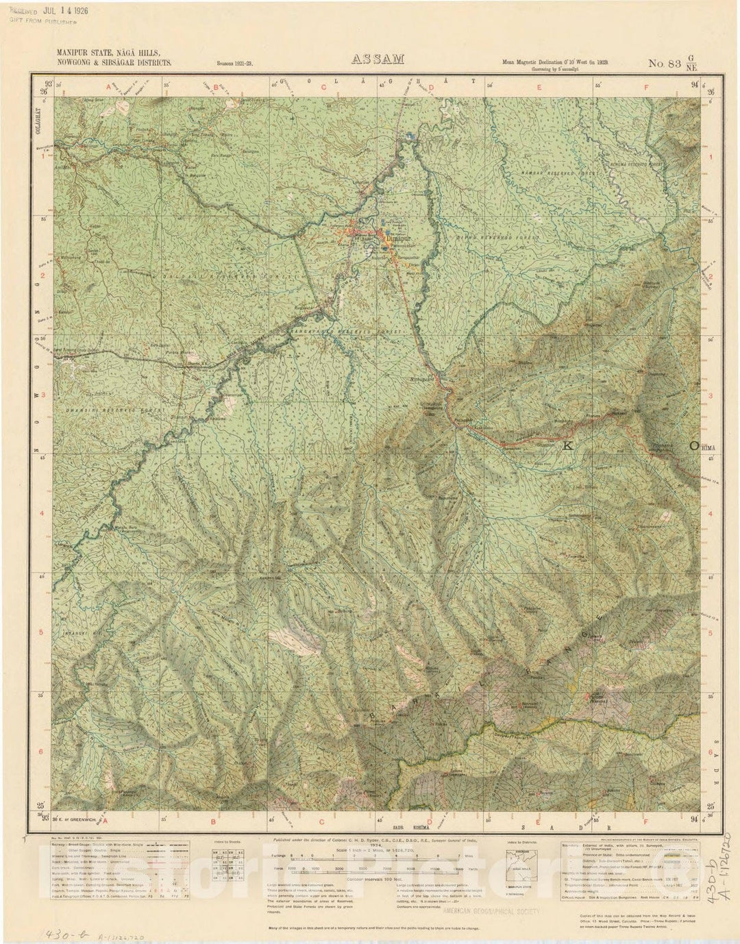 Map : Manipur State, Naga Hills, Nowgong & Sibsagar Districts, Assam, No. 83 G/N.E. 1924, India and adjacent countries, Antique Vintage Reproduction