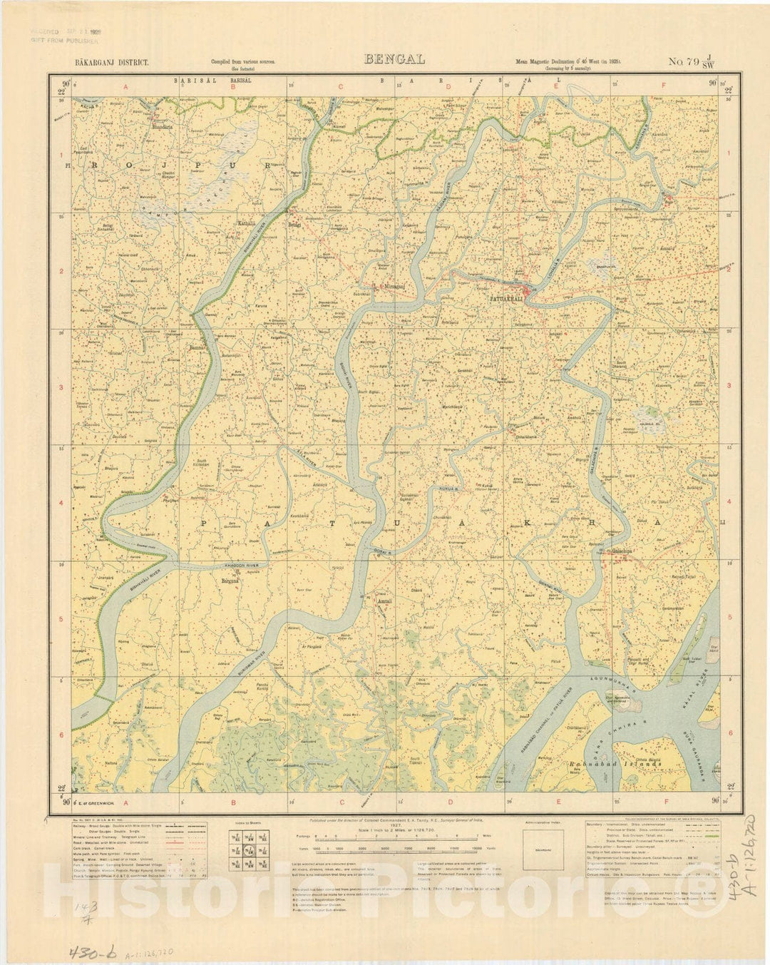 Map : Bakarganj Districts, Bengal, No. 79 J/S.W. 1927, India and adjacent countries, Antique Vintage Reproduction