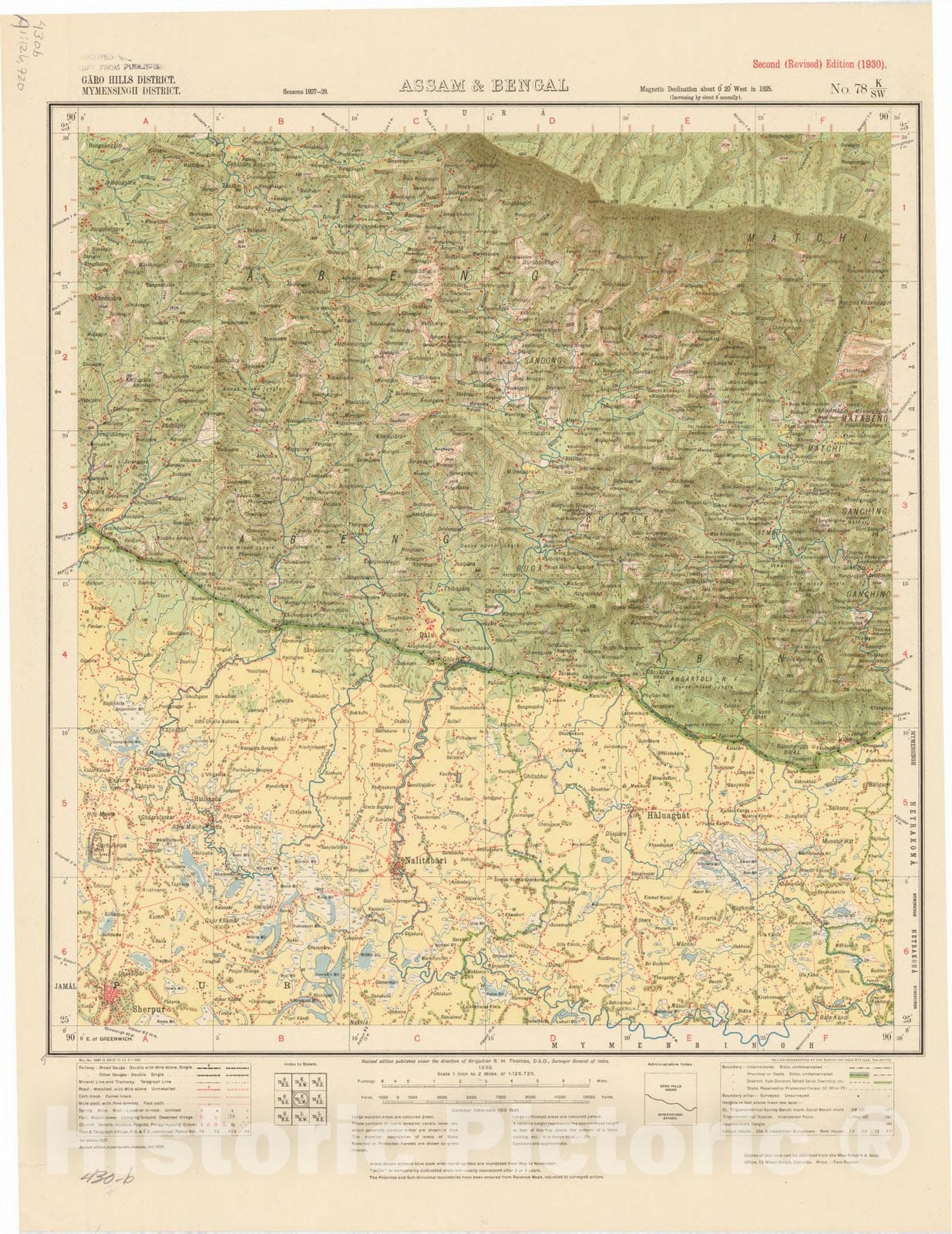 Map : Garo Hills District, Mymensingh District, Assam & Bengal, No. 78 K/S.W. 1930, India and adjacent countries, Antique Vintage Reproduction