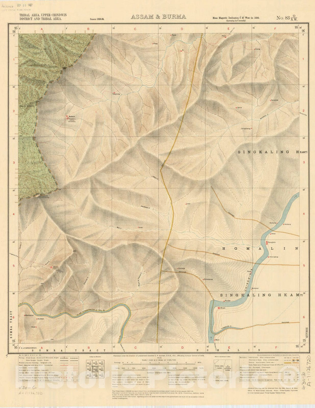 Map : Tribal area, Upper Chindwin District and Tribal area, Assam & Burma, No. 83 O/N.W. 1926, India and adjacent countries, Antique Vintage Reproduction