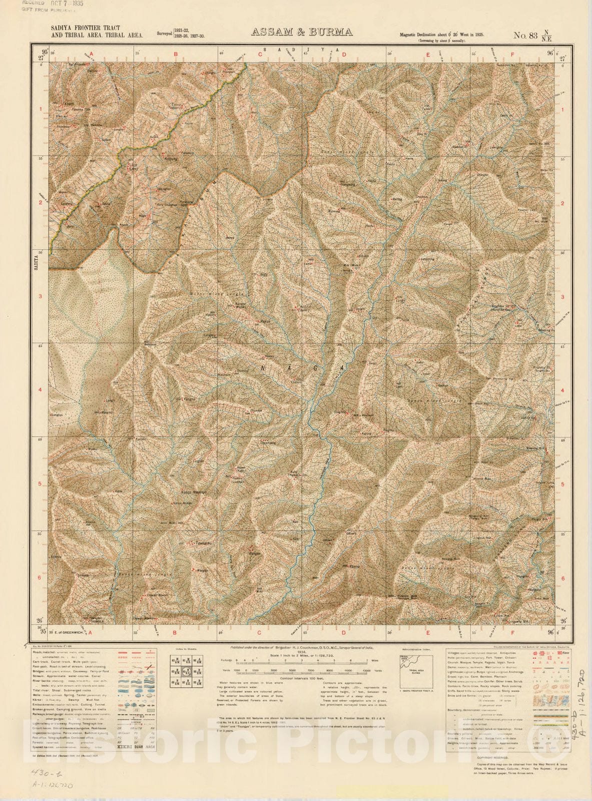 Map : Sadiya Frontier Tract and Tribal area, Tribal area, Assam & Burma, No. 83 N/N.E. 1934, India and adjacent countries, Antique Vintage Reproduction