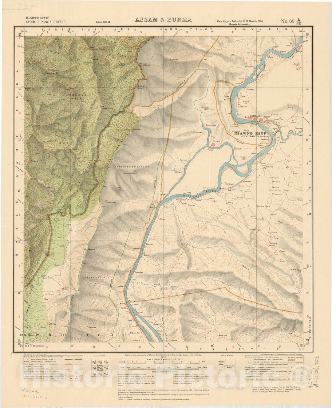 Map : Manipur State, Upper Chindwin District, Assam & Burma, No. 83 L/N.E. 1925, India and adjacent countries, Antique Vintage Reproduction