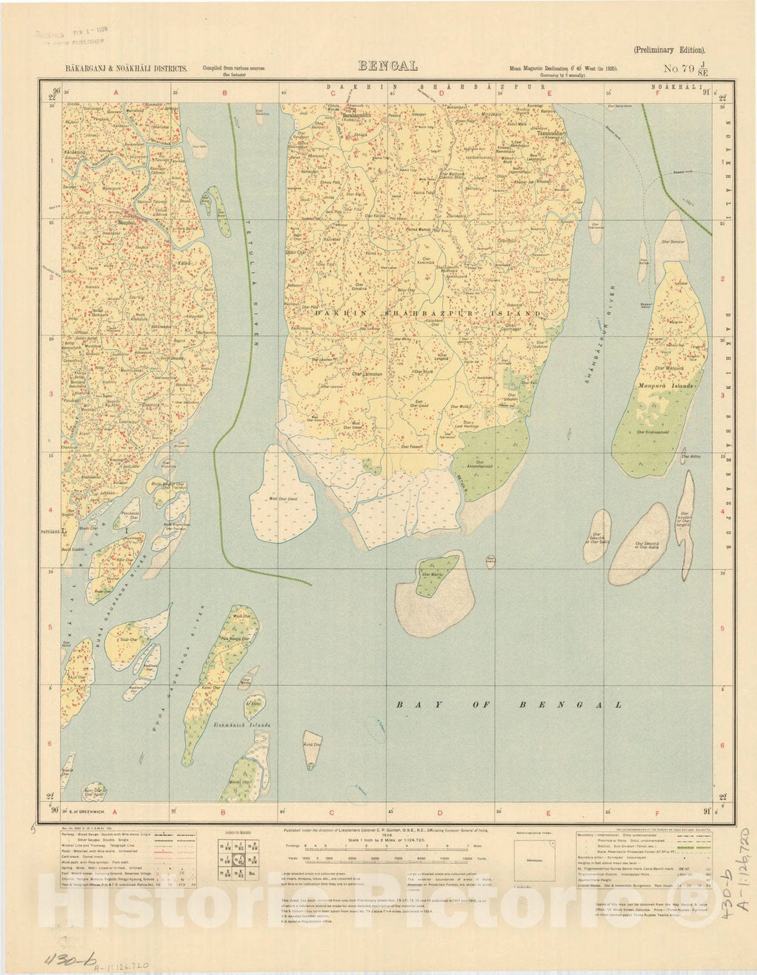 Map : Bakarganj & Noakhali Districts, Bengal, No. 79 J/S.E. 1926, India and adjacent countries, Antique Vintage Reproduction