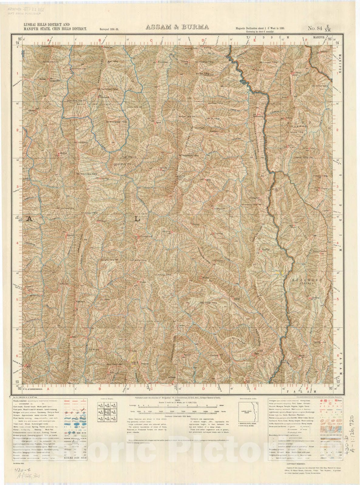 Map : Lushai Hills District and Manipur State, Chin Hills District, Assam & Burma, No. 84 E/N.W. 1935, India and adjacent countries, Antique Vintage Reproduction