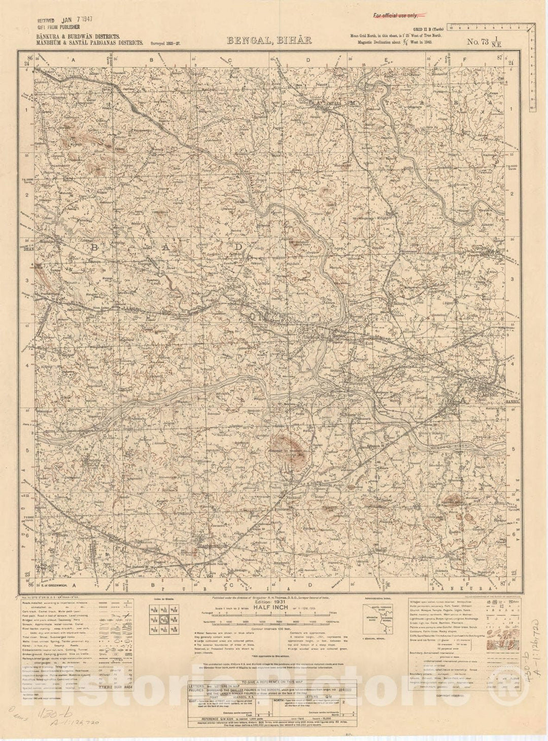 Map : Bankura & Burdwan Districts, Manbhum & Santal Parganas Districts, Bengal, Bihar No. 73 I/N.E. 1931, India and adjacent countries, Antique Vintage Reproduction