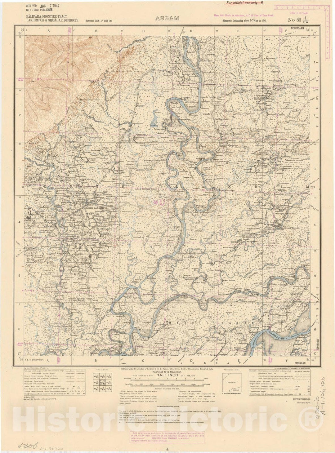 Map : Balipara Frontier Tract, Lakhimpur & Sibsagar Districts, Assam, No. 83 I/S.W. 1943, India and adjacent countries, Antique Vintage Reproduction