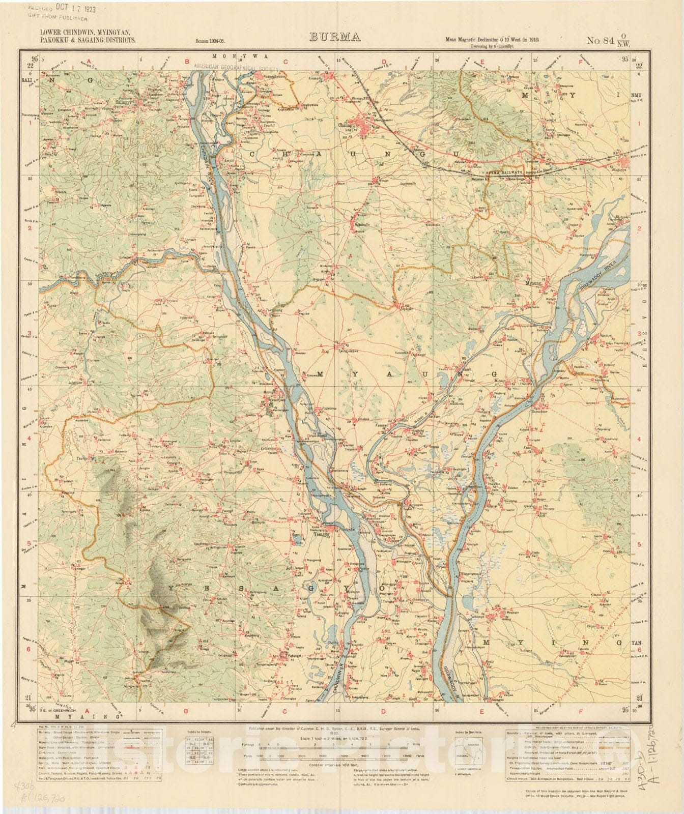 Map : Lower Chindwin, Myingyan, Pakokku & Sagaing Districts, Burma, No. 84 O/N.W. 1922, India and adjacent countries, Antique Vintage Reproduction