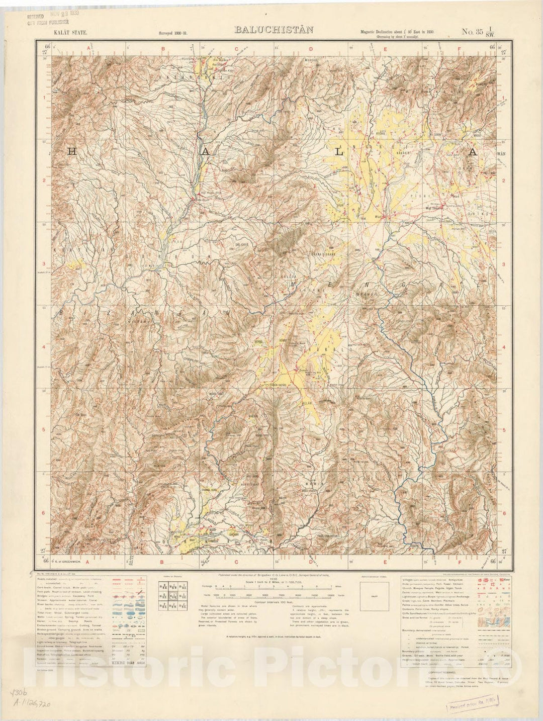 Map : Kalat State, Baluchistan, No. 35 I/S.W. 1938, India and adjacent countries, Antique Vintage Reproduction