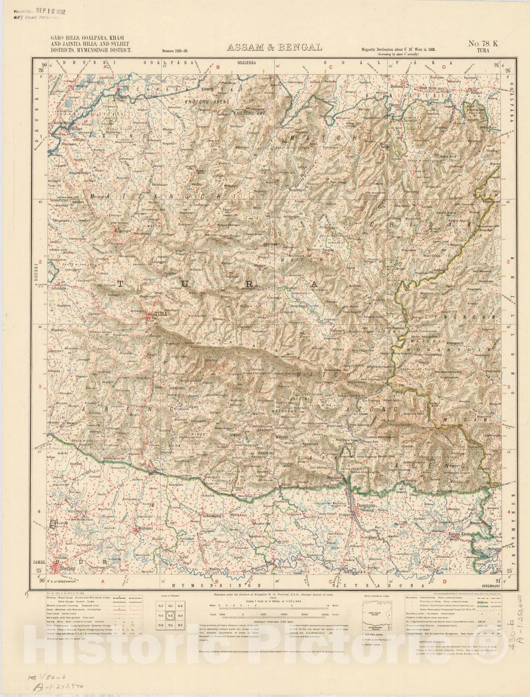 Historic Map : Garo Hills, Goalpara, Khasi and Jaintia Hills, and Sylhet Districts, Mymensingh District, Assam & Bengal, No. 78 K 1931, India 1:253,440, Antique Vintage Reproduction