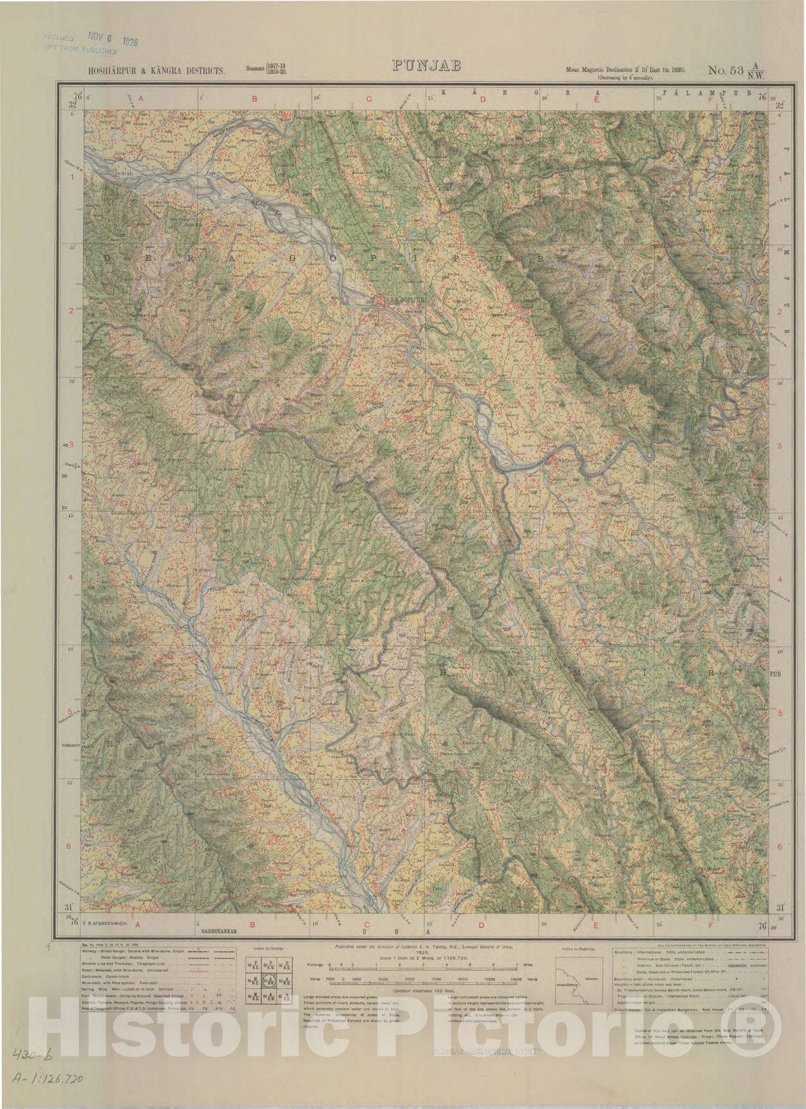 Map : Hoshiarpur & Kangra Districts, Punjab, No. 53 A/N.W. 1925, India and adjacent countries, Antique Vintage Reproduction