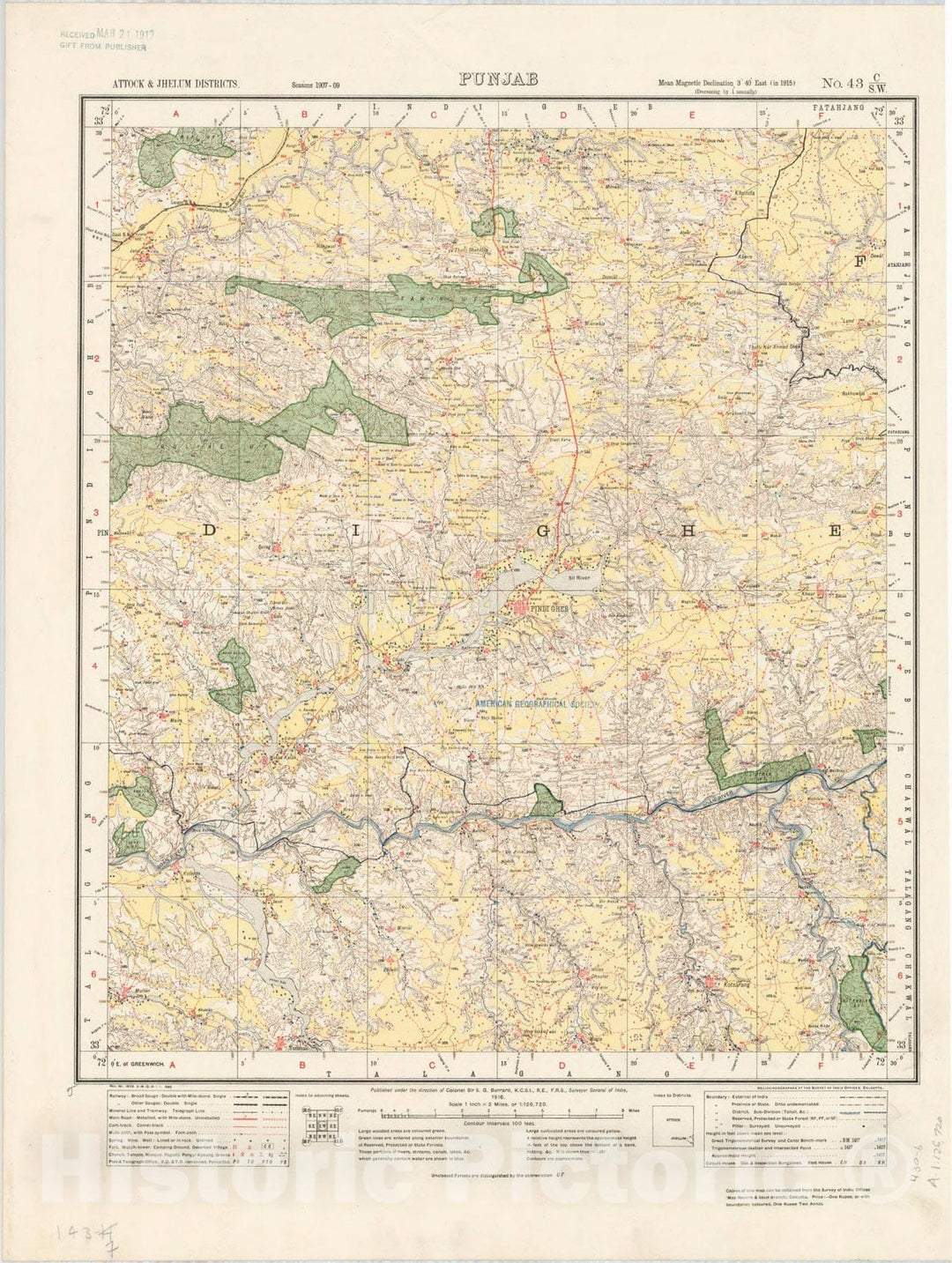 Map : Attock & Jhelum Districts, Punjab, No. 43 C/S.W. 1916, India and adjacent countries, Antique Vintage Reproduction