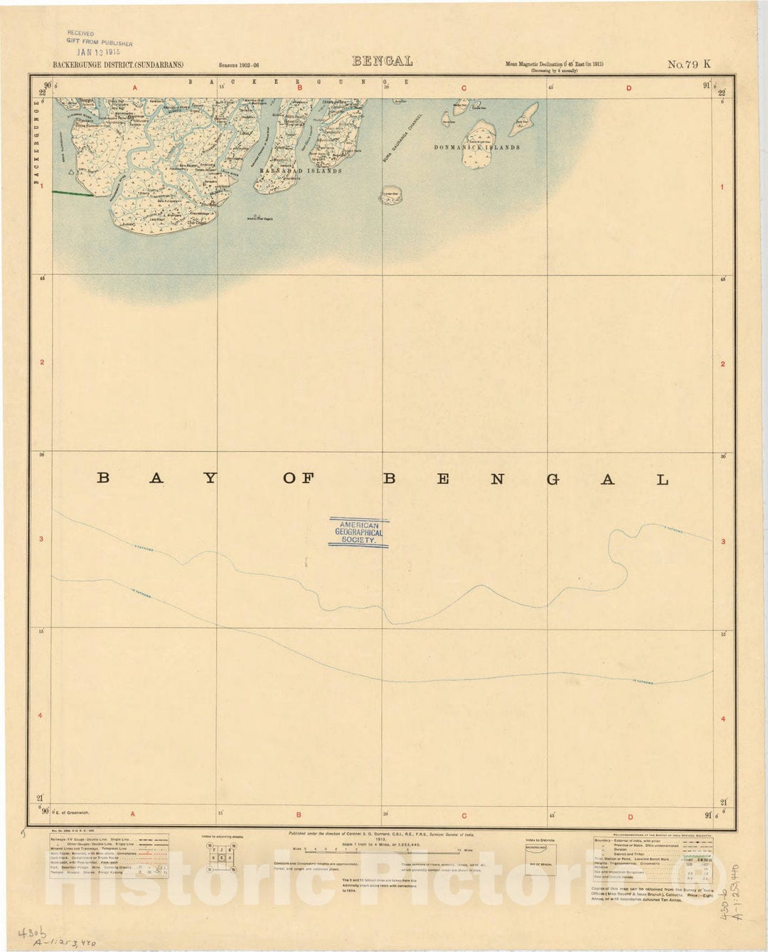 Map : Backergunge District (Sundarbans), Bengal, No. 79 K 1913, India 1:253,440, Antique Vintage Reproduction