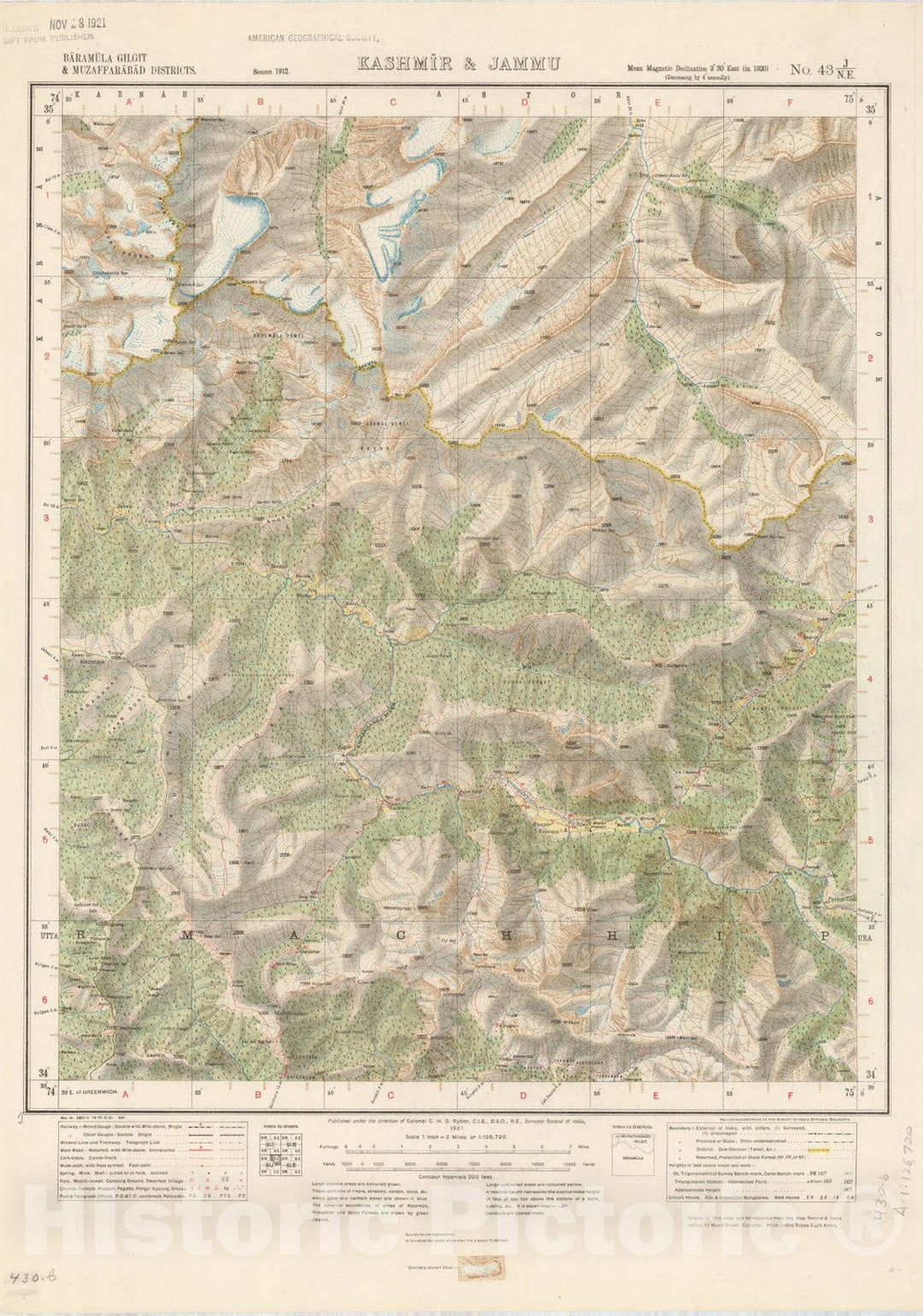 Map : Baramula Gilgit & Muzaffarabad Districts, Kashmir & Jammu, No. 43 J/N.E. 1921, India and adjacent countries, Antique Vintage Reproduction