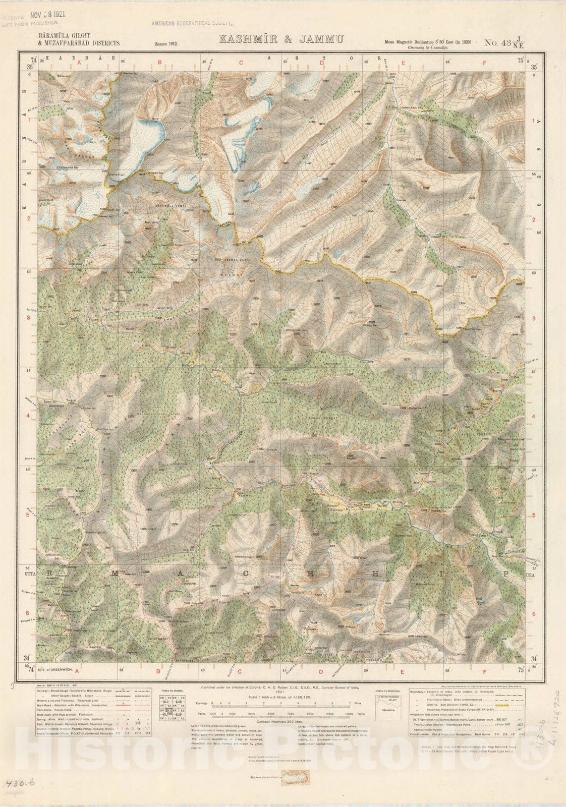 Map : Baramula Gilgit & Muzaffarabad Districts, Kashmir & Jammu, No. 43 J/N.E. 1921, India and adjacent countries, Antique Vintage Reproduction