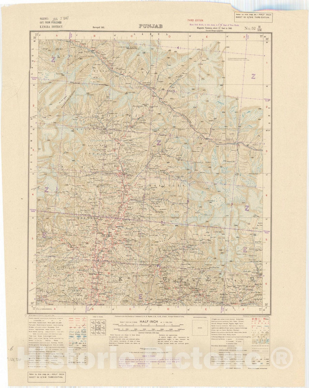 Map : Kangra District, Punjab, No. 52 H/S.W. 1945, India and adjacent countries, Antique Vintage Reproduction