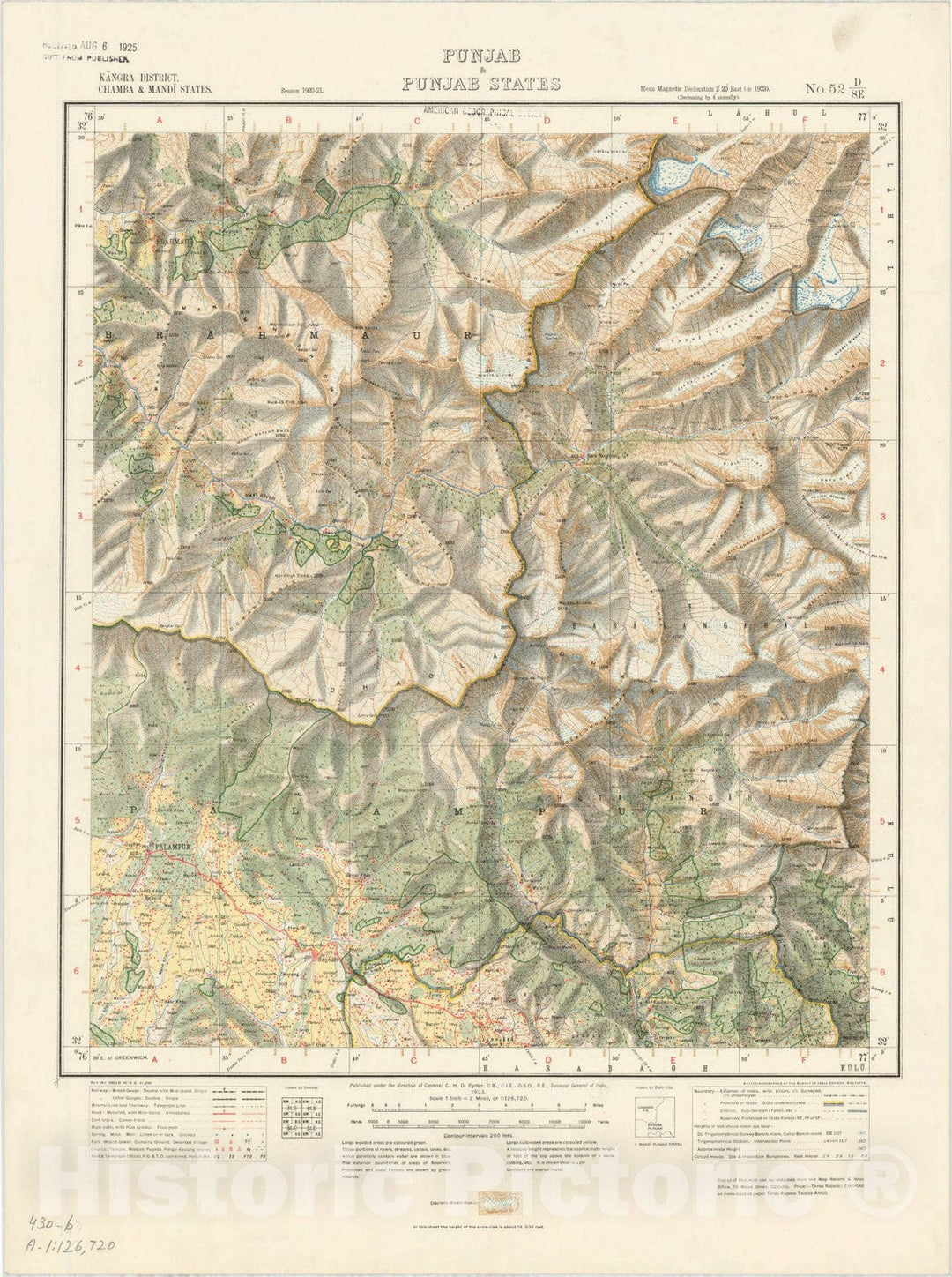 Map : Kangra District, Chamba & Mandi States, Punjab & Punjab States, No. 52 D/S.E. 1923 , India and adjacent countries, Antique Vintage Reproduction