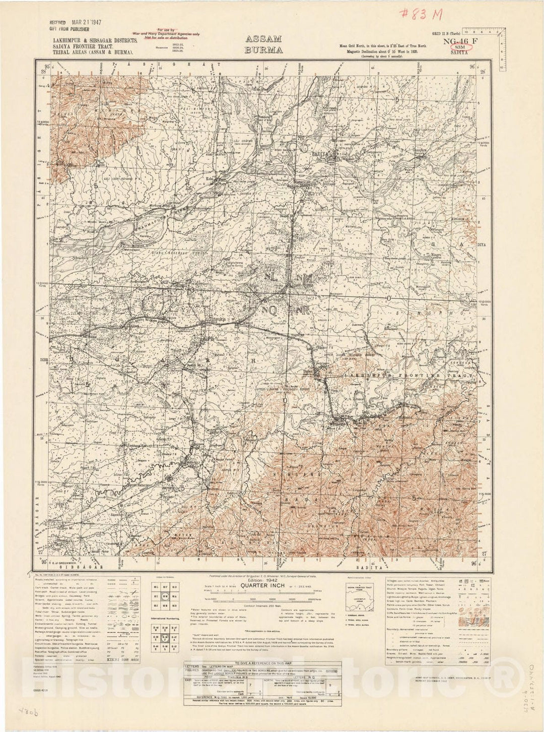 Map : Lakhimpur & Sibsagar Districts, Sadiya Frontier Tract, Tribal areas (Assam & Burma), 83 M 1942, India 1:253,440, Antique Vintage Reproduction