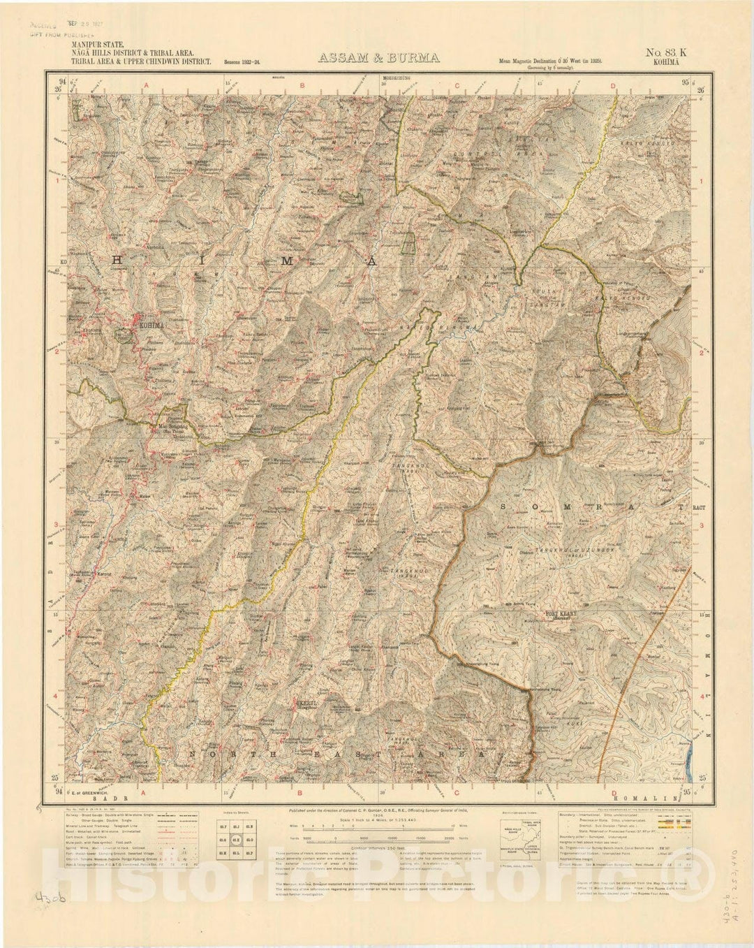 Map : Manipur State, Naga Hills District & Tribal area, Tribal area & Upper Chindwin District, Assam & Burma, No. 83 K Kohima 1926, India 1:253,440