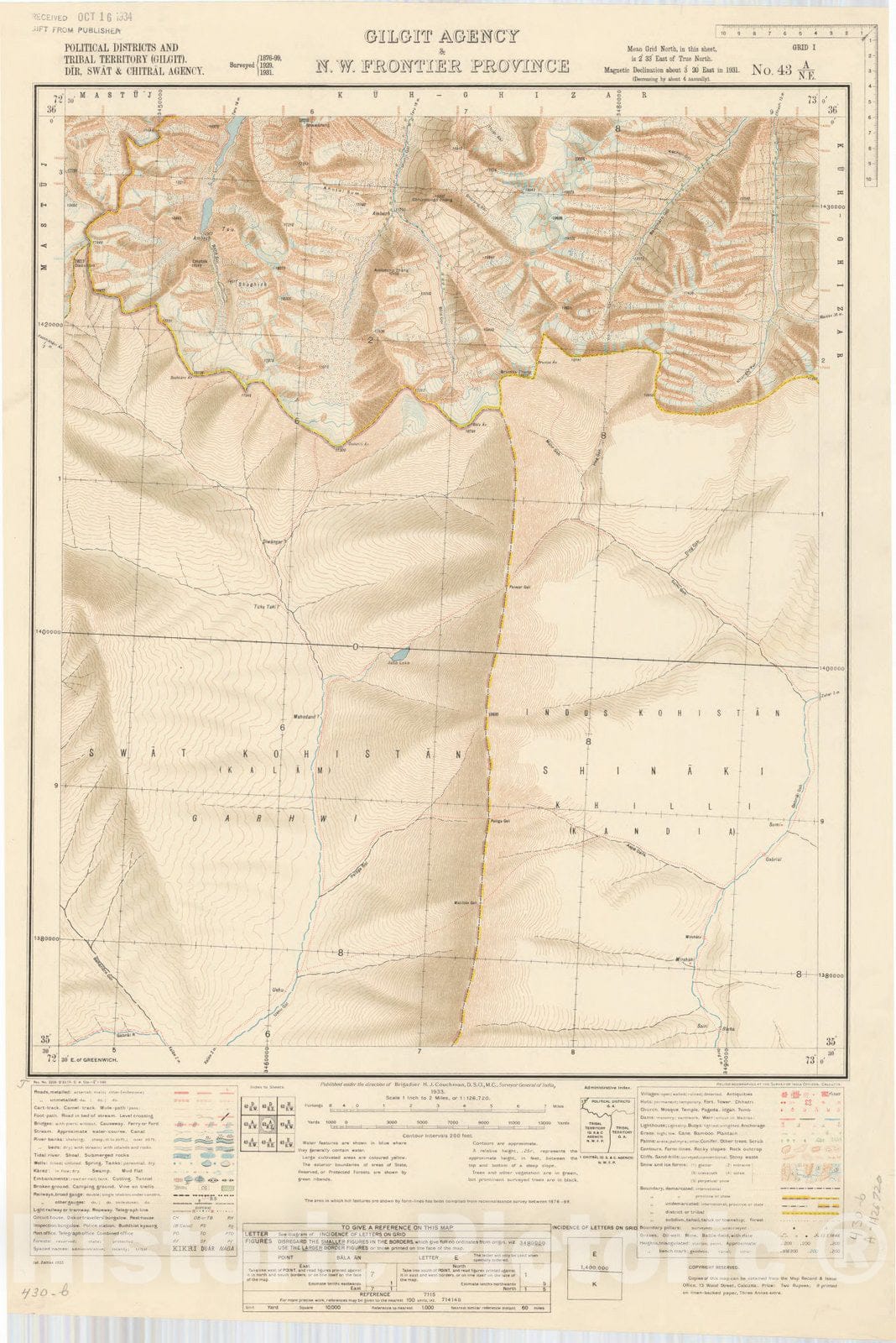 Historic Map : Political Districts and Tribal Territory (Gilgit), Dir, Swat & Chitral Agency, Gilgit Agency & N.W. Fronteire Province No. 43 A/N.E. 1933, India and adjacent countries