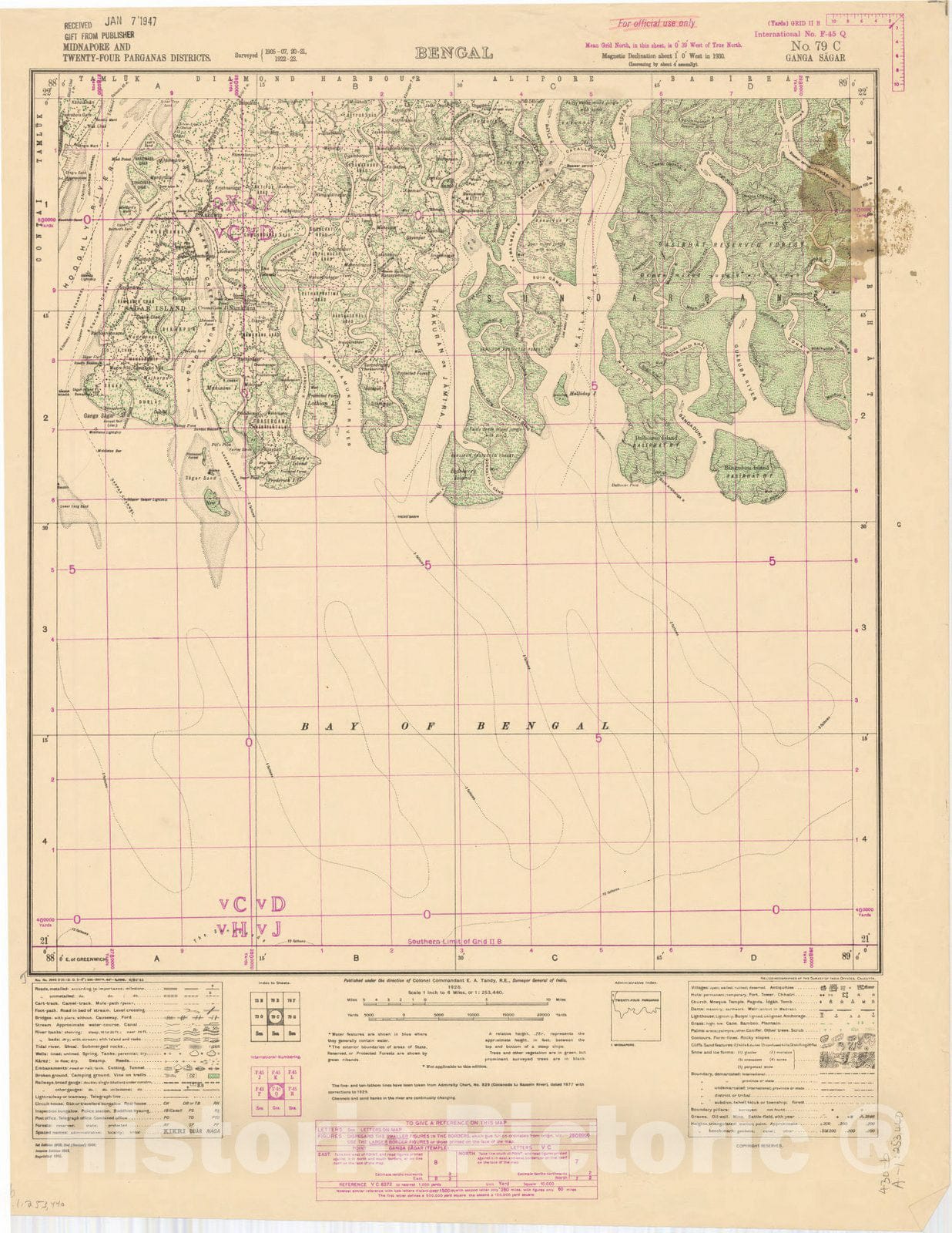 Map : Midnapore and Twenty-Four Parganas Districts, Bengal, No. 79 C Ganga Sagar 1928, India 1:253,440, Antique Vintage Reproduction