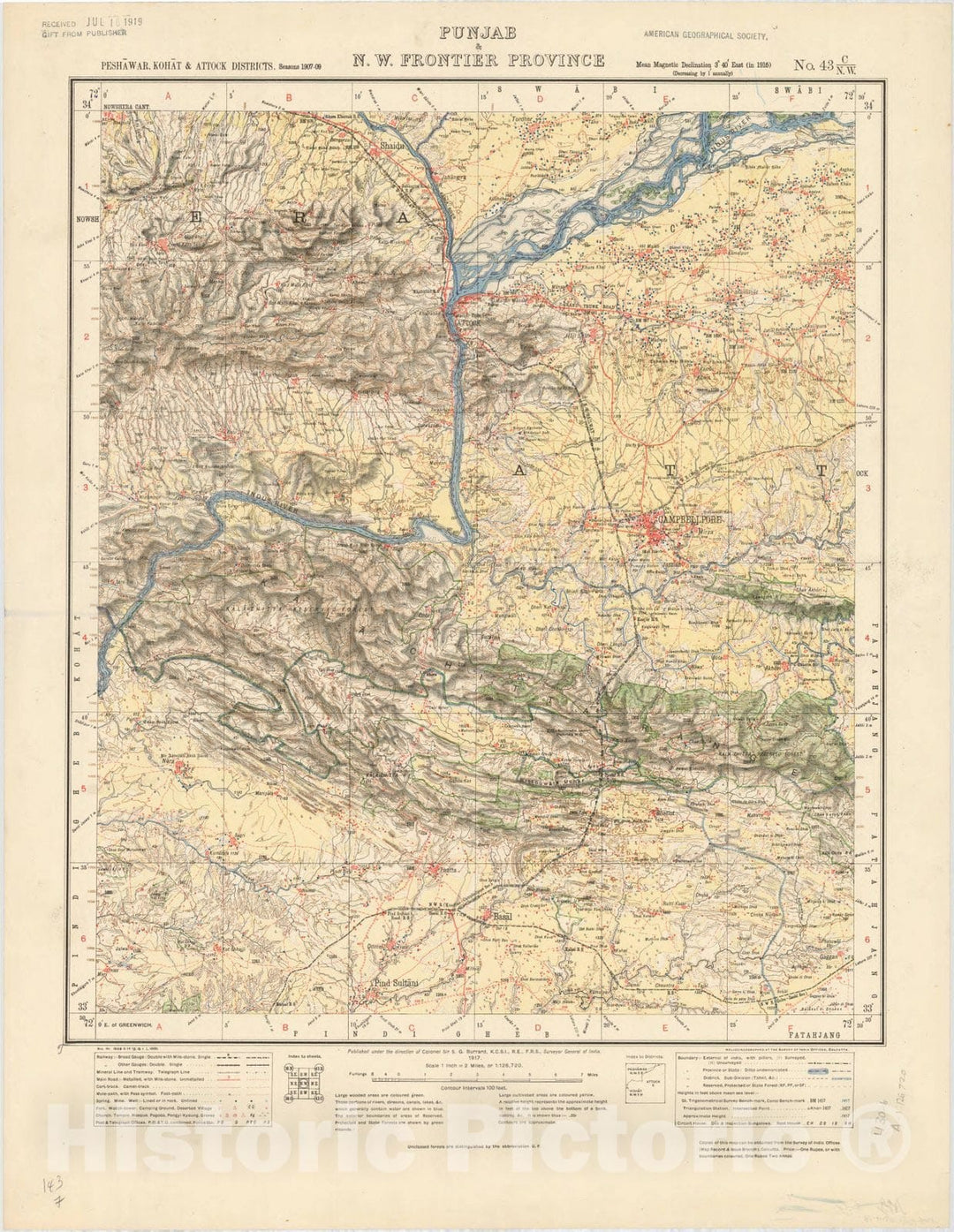 Map : Peshawar, Kohat & Attock Districts, Punjab & N.W. Frontier Province, No. 43 C/N.W. 1917, India and adjacent countries, Antique Vintage Reproduction