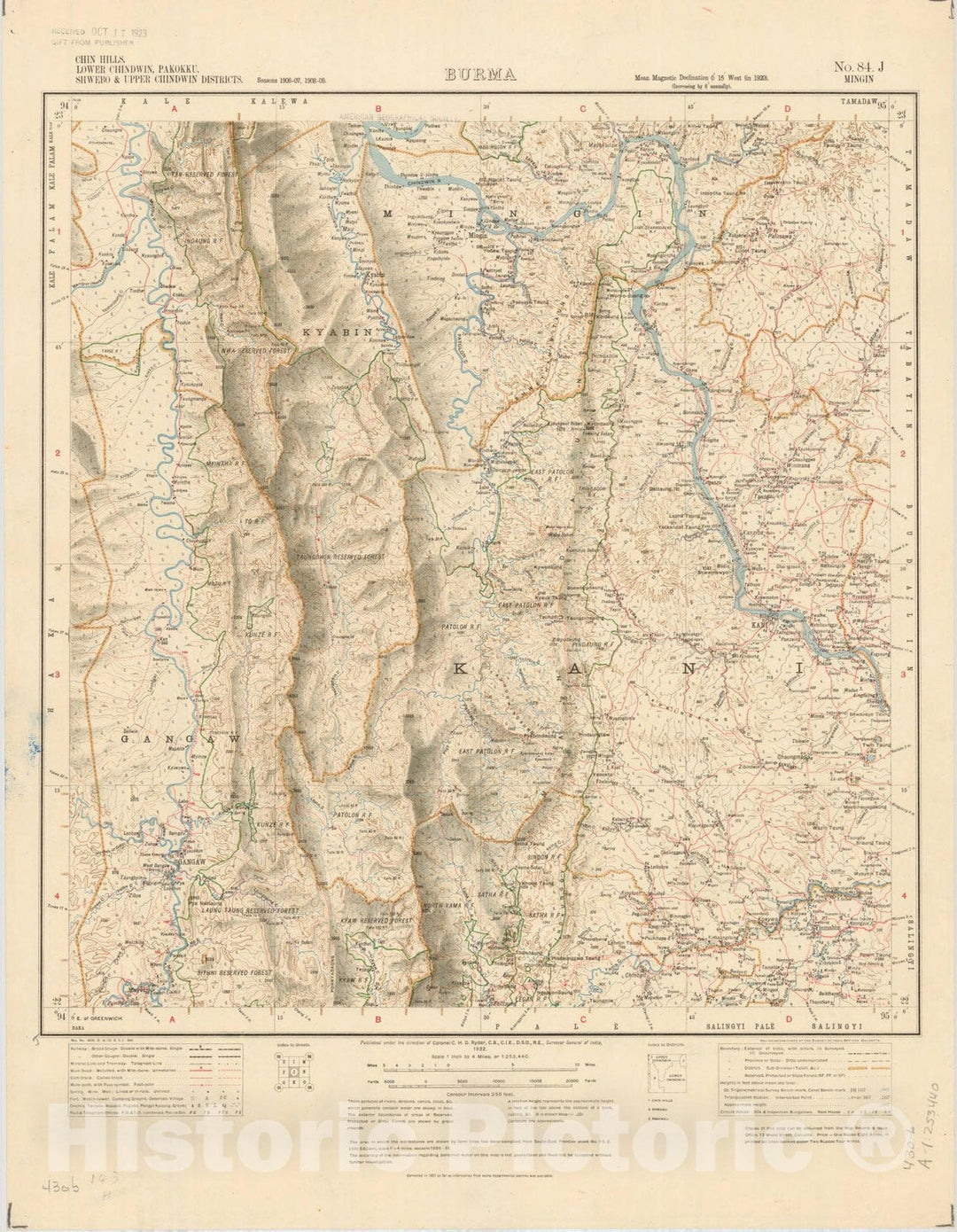 Map : Chin Hills, Lower Chindwin, Pakokku, Shwebo & Upper Chindwin Districts, Burma No. 84 J Mingin 1920, India 1:253,440, Antique Vintage Reproduction