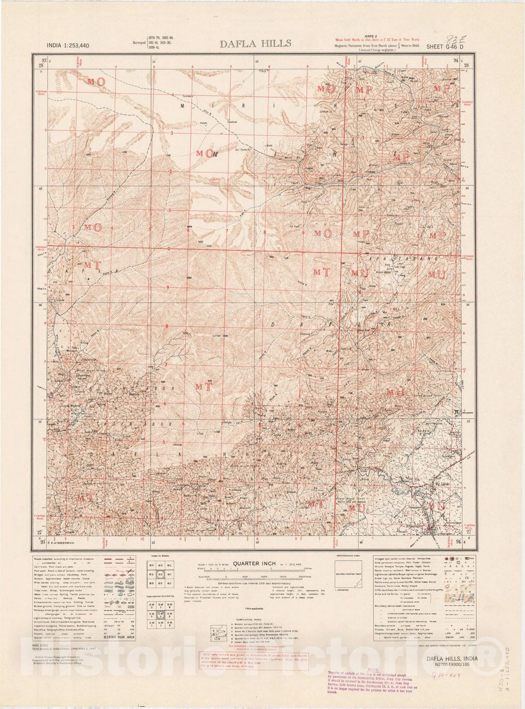 Map : Dafla Hills, India 83 E 1947, India 1:253,440, Antique Vintage Reproduction